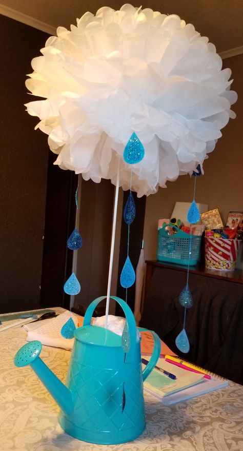 April Showers Baby Shower Theme, Baby Boy In Bloom, Itzy Birthday, Watering Can Centerpieces, Toddler Art Ideas, Raindrop Baby Shower, Rain Baby Showers, Bridal Shower Spring, Lottery Ticket Gift