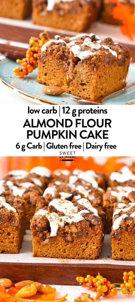 This keto pumpkin cake is a delicious almond flour pumpkin cake with a crunchy pecan cinnamon topping. It's a moist cake packed with pumpkin pie flavors and the best low-carb fall dessert with only 6 g net carb and 12 grams protein slice. Low Carb Fall Desserts, Keto Pumpkin Cake, Pumpkin Recipes Keto, Almond Flour Pumpkin, Almond Flour Desserts, Keto Pumpkin Pie, Pumpkin Cake Recipes, Pie Flavors, Pumpkin Pie Recipe