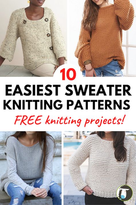 The 10 Easiest Sweaters to Knit - Free Patterns! — Blog.NobleKnits Easy Pullover Sweater Knitting Pattern, Women Sweater Knitting Pattern Free, Easy Sweaters To Knit Free Pattern, Knitted Jerseys For Women Free Patterns, Knitted Jumpers For Women Free Patterns, Beginner Jumper Knitting Pattern, Knitted Jersey Patterns For Women, Easy Beginner Knit Sweater, Women Sweater Knitting Pattern