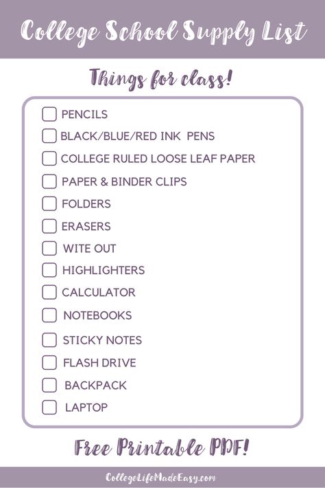 Here are class supplies you should get for college. Stuff that can be added to your school supply list. Print this list for free, too. #college #collegetips #collegelife #freshmen #freshmantips #backtoschool Online College Supplies List, School Lists Ideas, School Supplies For College Students, Freshman College School Supply List, College Supply List School Essentials, University Essentials School Supplies, College Essentials Supplies School Stuff, School Needs List, College Supplies List