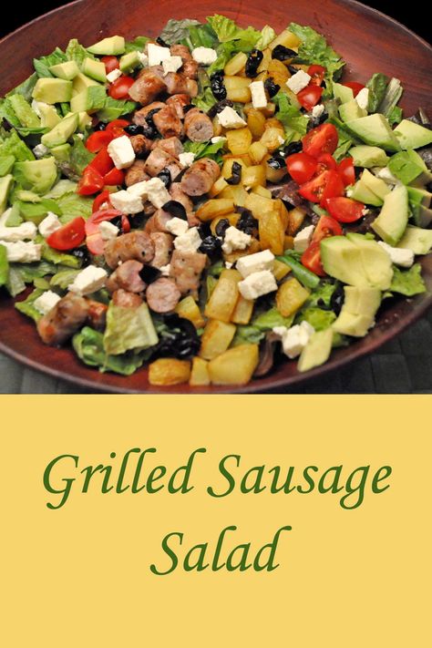 Grilled Sausages, Potatoes, Avocado, Feta make this an easy #MainCourseSalad #SummerSalads #SaladForTwo #Salads Sausage Salad Recipe, Salad With Sausage, Easy Summer Salad, Sausage Salad, Grilled Sausage, Warm Salad, Grilled Potatoes, Icebox Cake, Summer Salad