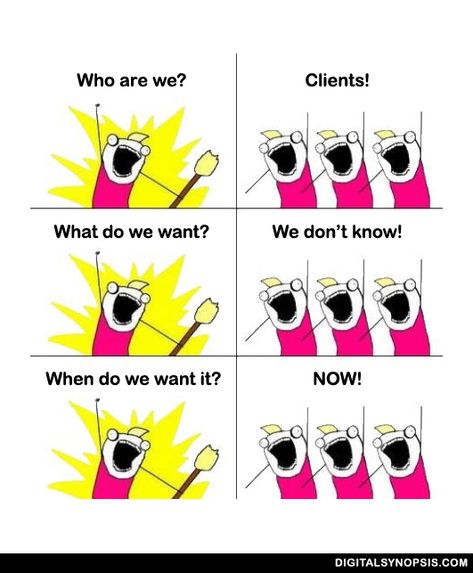 Who are we? Clients! What do we want? We don't know! When do we want it? NOW! Marketing Jokes, Graphic Design Memes, Architecture Memes, Marketing Meme, Funny Marketing, Marketing Humor, Design Humor, Yearbook Themes, Yearbook Design