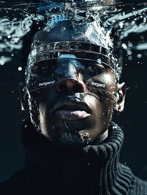 A close-up portrait of a man's face is partially submerged in water. He is wearing a black turtleneck sweater and has a pair of goggles on ->> more details in ai-img-gen.com Futuristic Fashion Male, Futuristic Glasses, Submerged In Water, Moody Portrait, Silver Mask, Futuristic Aesthetic, Liquid Silver, Black Turtleneck Sweater, Reflecting Light