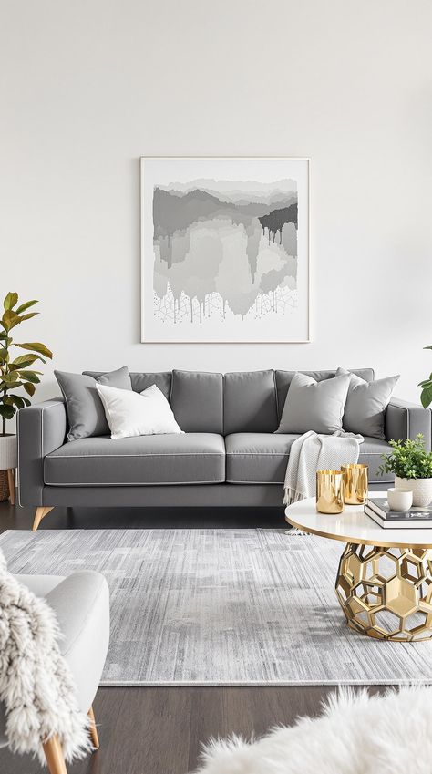 Grey Couch Living Room Gray Couch Living Room Ideas Modern, Grey And White Living Room Ideas, Grey Couch Living Room Ideas, Gray Apartment Decor, Black And White Furniture, Metallic Decor, Couch Living Room Ideas, Beige Comforter, Grey Couch Living Room