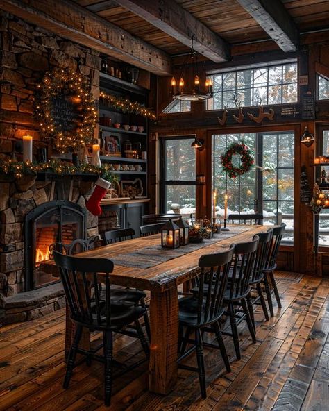 Mountain Cabin Dining Room, Log Cabin Dining Room, Winter Cabin Aesthetic Interior, Old Cabin Interior, Christmas Cabin In The Woods, Winter Cabin Bedroom Aesthetic, Cabin In The Woods Aesthetic Dark Interior, Cabin In Snow Aesthetic, Cabin Dining Room