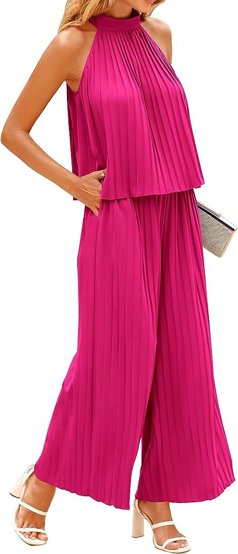 dowerme Women's 2 Piece Outfits 2023 Halter Neck Sleeveless Flowy Tie Back Top Long Wide Leg Pant Set Loose Pleated Suit Flowy Pants Outfit, Summer Halter Tops, Dress Yoga Pants, Tie Back Top, Lululemon Align Leggings, Pleated Tops, Party Pants, Wide Leg Dress Pants, Top And Pants Set