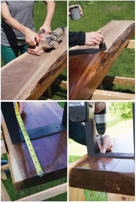 This live edge bench from Francois et Moi definitely hits the mark. The top is made from a single slab of walnut, so the only work required is some sanding to remove the milling marks and get everything nice and smooth. The legs are purchased easily on Etsy, so you simply need to attach them to the top, and give it a simple finish. Walnut Wood Projects, Diy Entry Table, Oak Mantle, Live Edge Bar, Walnut Bench, Live Edge Bench, Live Edge Shelves, Making A Bench, Live Edge Furniture