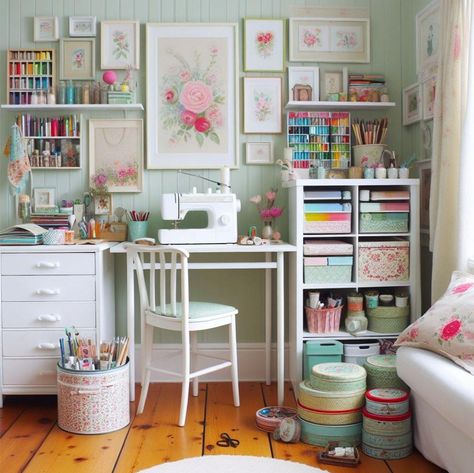 Green Sewing Room, Sewing Room Colors Scheme, Craft Bedroom Ideas, She Shed Ideas Interior Craft Rooms, Pink Sewing Room, Small Sewing Room Ideas, Pink Craft Room, Organizing A Craft Room, Room White Furniture