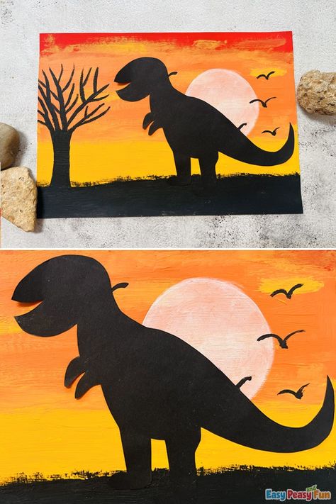 Dinosaur Silhouette Art - Easy Peasy and Fun Dinosaur Art Projects For Kids, Dinosaur Art Preschool, Dinosaurs Silhouette, Preschool Dinosaurs, Dinosaur Art Projects, Dinosaur Outline, Dinosaur Craft, Make A Dinosaur, Diy Dinosaur