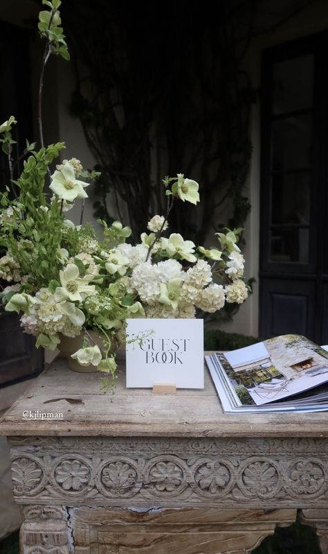 Welcome Table Florals, Wedding Florals Simple, Classy Wedding Florals, Beach Wedding Mood Board, Long And Low Flower Arrangement, Bar Florals, Bar Arrangement, White Wedding Florals, White And Green Flowers