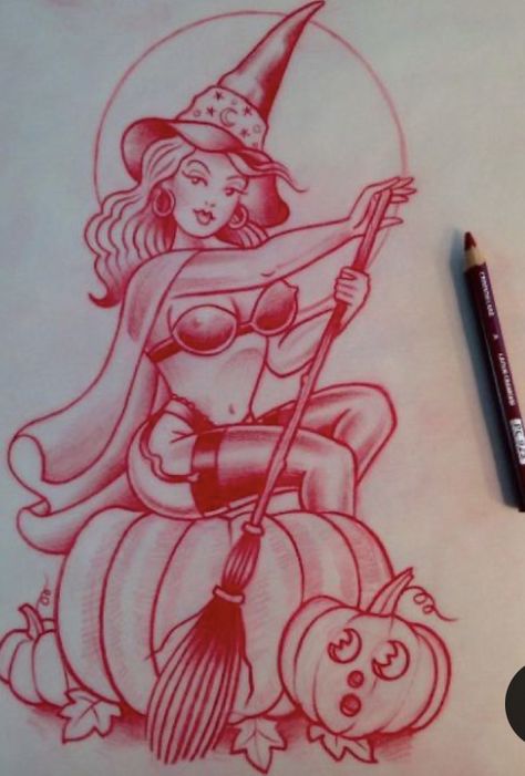 American Traditional Pinup, Traditional Pinup Tattoo, Traditional Halloween Tattoo, Pinup Witch, Optical Illusion Tattoos, Illusion Tattoos, American Traditional Tattoos, Halloween Pin Up, Halloween Flash