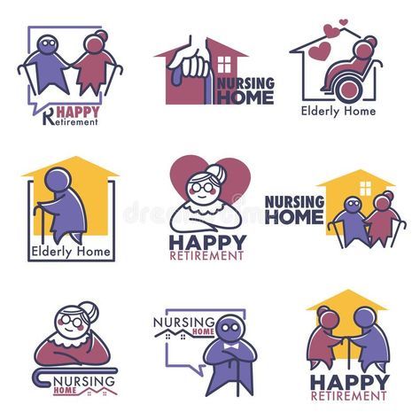 Happy retirement for elderly people nursing home. Isolated logos vector house for pensioners senior man and woman walking with wooden stick and driving royalty free illustration Senior Citizen Housing, Illustration Of People, Sr Logo, Vector House, Image Happy, Home Illustration, People Logo, Elderly Home, Community Logo