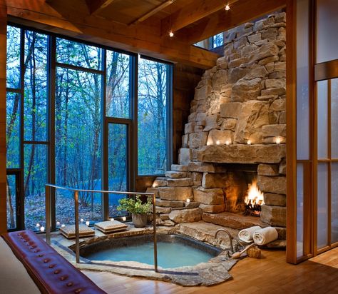 Spa Bathroom Design, Hot Tub Time Machine, Indoor Hot Tub, Stone Bathtub, Tub Time, Bathroom Tub, Trendy Bathroom, Bathroom Spa, Fireplace Design