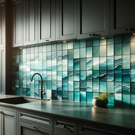 dark kitchen cabinets with aqua blue glass tile backsplash Teal Backsplash Kitchen, Teal Glass Tile, Teal Backsplash, Blue Glass Tile Backsplash, Kitchen Backplash, Sea Glass Tile, Backsplash Options, Black Subway Tiles, Blue Glass Tile