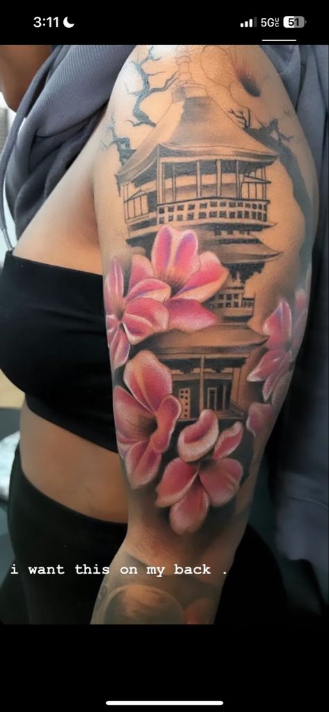 Flower Quarter Sleeve Tattoos For Women, Quarter Sleeve Tattoos For Women Color, Half Sleeve Black Women Tattoo, Shoulder Tattoos For Women Color, Colorful Leg Tattoos, Black Women Color Tattoos, Big Name Tattoos, Colorful Back Tattoos For Women, Colorful Shoulder Tattoos For Women