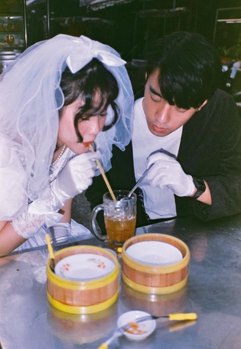 Lotus In Jade Well — Retro 90's style wedding dress. Credit to Chụp... Wedding Jokes, Eating Together, Japanese Couple, Japanese Wedding, Couple Poses Reference, Photoshoot Idea, Retro Wedding, Cinematic Photography, Pre Wedding Photos