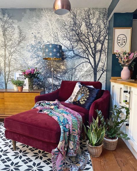 Deep burgundy velvet sofa in the family room with La Redoute rug and midcentury sideboard. Wine Sofa Living Room, Pictures Of Lions, Decorating With Wallpaper, Red Sofa Living Room, Chauvet Cave, Moody Color Palette, Red Velvet Chair, Idle Hands, Dream Sofas