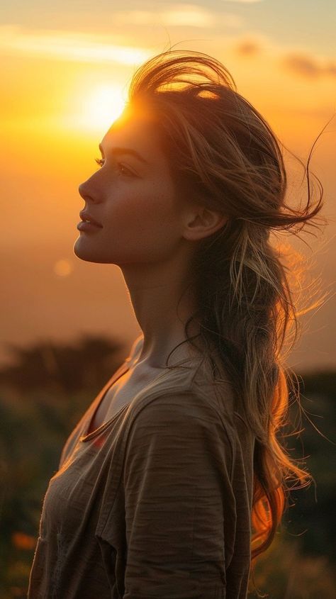 Natural Make Up For Photoshoot, Woman Profile Reference, Golden Hour Reference, Sunset Shoot Photo Ideas, Golden Hour Photoshoot Ideas, Nature Portraits Woman, Healthcare Photoshoot, Woman Nature Photoshoot, Sunrise Photoshoot Ideas