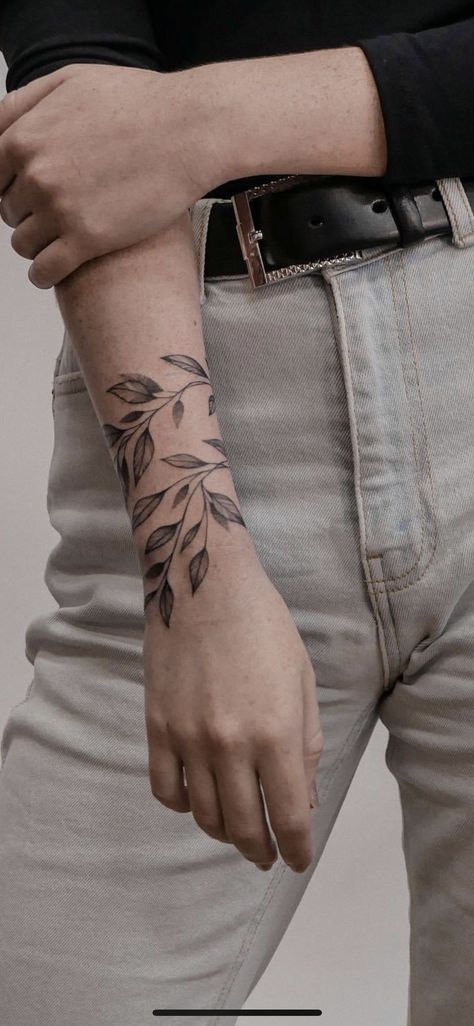 Olive Bracelet Tattoo, Ivy Cuff Tattoo, Sage Wrap Around Tattoo, Leafy Forearm Tattoo, Botanical Arm Band Tattoo, Plant Around Arm Tattoo, Wrap Around Tattoo Men, Ivy Tattoo Men, Thick Vine Tattoo