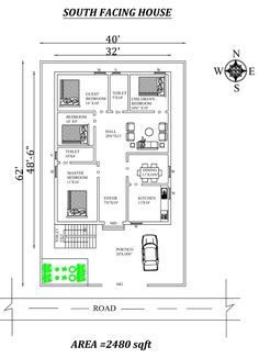 Autocad Drawing file shows Amazing 40'X62' 3bhk South facing House Plan As Per Vastu Shastra. The total buildup area of this house is 2480 sqft. The kitchen is in the southeast direction. Dining is placed in the east. The Hall is Placed in the East direction. The master bedroom is available in the southwest direction with the attached toilet is in the west direction. The guest bedroom is in the Northwest direction. kid's Bedroom placed in the west direction. A staircase is available on the south 30 X 50 House Plans South Facing, South Face House Plan Vastu, South Facing House Plans Vastu 2bhk, South Facing House Plans Vastu, South Facing House Plan, One Floor House Plans, South Facing House, Condominium Design, East Direction