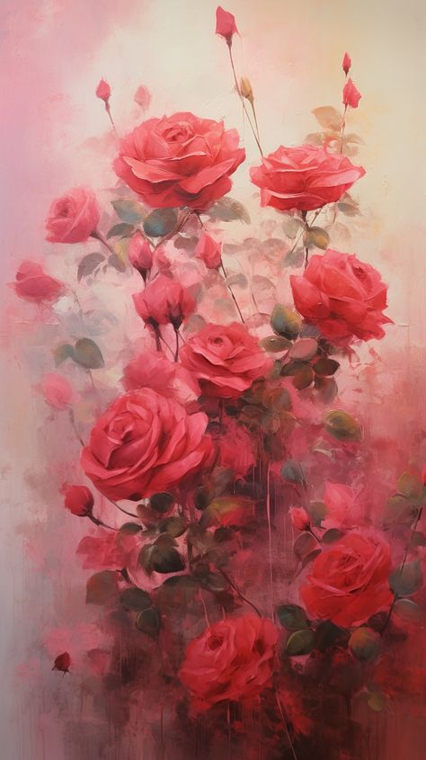 Impressionist Roses, Mums Painting, Roses Digital Art, Red Roses Painting, Intricate Paintings, Old Rose Color, Roses Painting, Painting The Roses Red, Rose Oil Painting