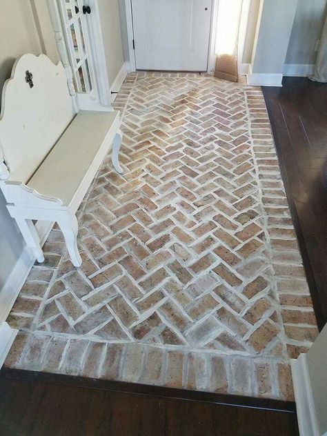 Entrance. Border then chevron inside Brick Floor, Entryway Flooring, Farmhouse Interior Design, Brick Flooring, Farmhouse Interior, Traditional Bathroom, Style At Home, Dubrovnik, Floor Design