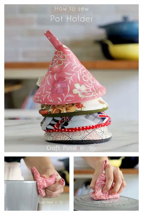 Cone Pot Holder Free Sewing Pattern Kitchen Decor Sewing Projects, Kitchen Items To Sew, Vintage Pot Holders, Homemade Pot Holders Diy, How To Sew Pot Holders, Sewing Potholders Free Pattern, Sewing Hot Pads, Diy Pot Holders Sewing, Pot Holder Ideas