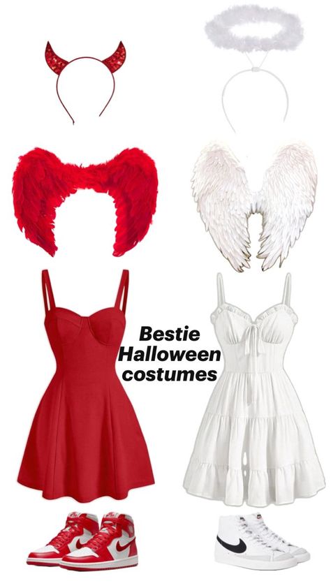 Halloween costumes for Besties Costumes For Besties, Halloween Costumes For Besties, Two Person Halloween Costumes, Angel And Devil Costume, Fun Halloween Outfits, Angel Halloween Costumes, Cute Group Halloween Costumes, Halloween Costumes For Teens Girls, Matching Halloween Costumes