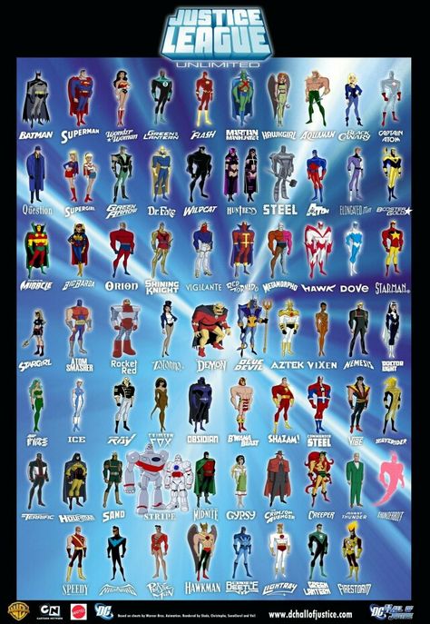 . Justice League Unlimited Characters, Dc Super Heroes, Comic Heroes Art, Justice League Animated, Batman Comic Books, Superhero Poster, Justice League Unlimited, Justice League Of America, Dc Comics Heroes