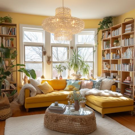 My Images Pop Of Yellow Living Room, Butter Yellow Living Room, Soft Yellow Living Room, Yellow Living Room Aesthetic, Yellow Shades Colour Palettes, Yellow Boho Living Room, Cottage Core Couch, Yellow Apartment Decor, Yellow House Interior