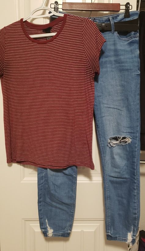 maroon striped t-shirt tucked into blue ripped ankle jeans with black belt. jeans and belt from Old Navy, t-shirt from Plato's Closet (brand: rue21) Outfit Pics, Belt Jeans, Shirt Tucked In, Striped T Shirt, Rue21, Ankle Jeans, Fall Outfit, Black Belt, Spring And Fall