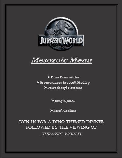 Jurassic Park Themed Dinner, Jurassic Park Dinner, Themes Dinner Nights, Disney Movie Themed Dinner, Disney Movie Night Menu, Saturday Night Movie, Theme Dinners, Themed Meals, Disney Themed Movie Night