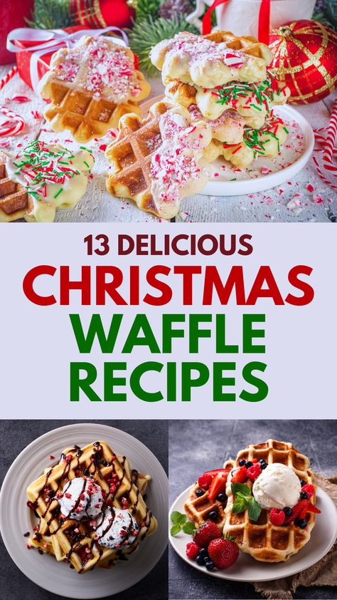 Festive Christmas waffles topped with white chocolate, crushed candy canes, and colorful sprinkles, perfect for holiday breakfasts or desserts. Additional plates feature waffles with fresh berries, whipped cream, and vanilla ice cream, drizzled with chocolate syrup. These creative Christmas waffle recipes are easy to make and ideal for adding a cheerful touch to your celebrations. Waffle Christmas Breakfast, Christmas Waffle Ideas, Mini Waffles Ideas, Waffles Flavors, Moon Waffles, Christmas Waffle Bar, Waffle Cookies Recipe, Waffle Flavors, Flavored Waffles