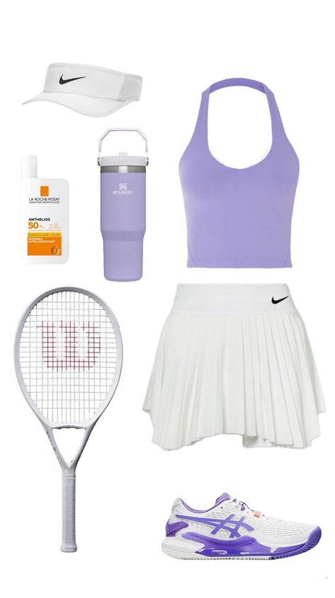 Aesthetic purple and white tennis outfit with white skirt, purple top and shoes,wilson racket and Stanley Purple Tennis Racket, Cute Tennis Fits, Tenniscore Outfit, Tenis Outfits Sport, Tenis Aesthetic Sport, Sport Outfits Aesthetic, Purple Outfits Ideas, Tennis Racket Aesthetic, Outfit With White Skirt