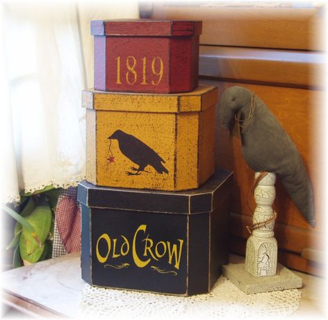 Old Crow shaker style stacking boxes by woodsignsbypatti on Etsy, $24.00 Antique Pantry, Primitive Decor Ideas, Cheese Boxes, Stacking Boxes, Primitive Sheep, Paper Mache Boxes, Shaker Boxes, Primitive Design, Cheese Box