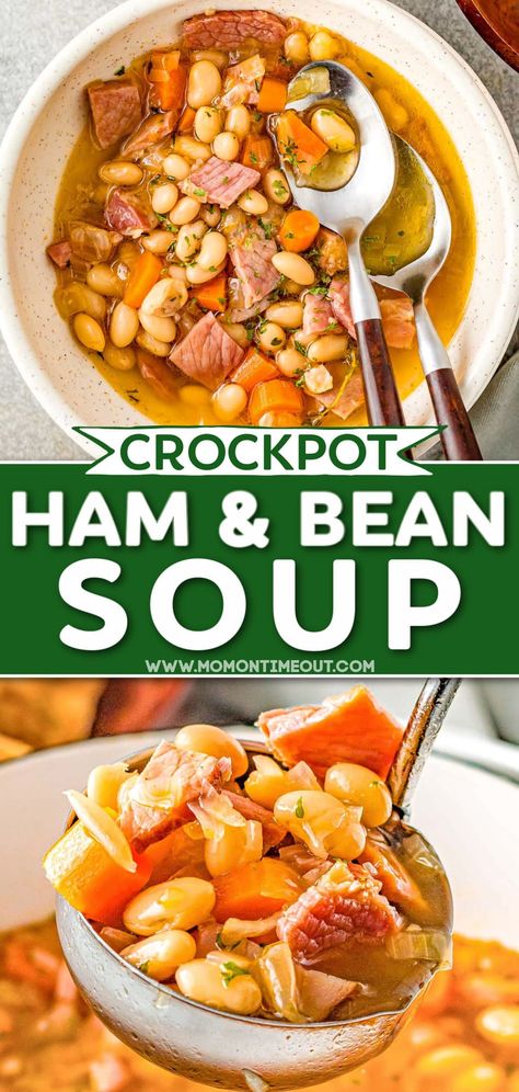 Crockpot Ham and Bean Soup is the ultimate in comfort food! Loaded with juicy ham and beans, onion, garlic, smoked paprika, and thyme all cooked together to perfection in the slow cooker. Delicious and satisfying, this will certainly bring those warm fall feelings straight to your family dinner table! (Stovetop instructions too!) // Mom On Timeout 15 Bean And Ham Soup, Crockpot Ham And Bean Soup, Crockpot Ham And Beans, Bean And Ham Soup, Crock Pot Ham, Ham And Bean, 15 Bean Soup, Crockpot Ham, Slow Cooker Ham