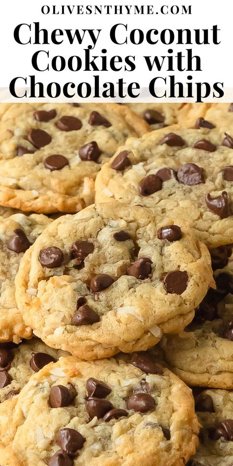 Coconut chocolate chip cookies are soft and chewy cookies filled with sweet shredded coconut and lots of melty chocolate chips. This recipe for chocolate chip coconut cookies is almost no chill and is easy to make in one bowl. Make these chocolate coconut cookies the next time you want a classic cookie with a delicious flavor twist. Chocolate Chip And Coconut Cookies, Chocolate Chip Coconut Cookies Recipes, Coconut Milk Cookies Recipes, Oatmeal Coconut Cookies Chewy, Shredded Coconut Cookies, Oatmeal Coconut Chocolate Chip Cookies, Chocolate Chip Raisin Cookies, Coconut Flakes Recipe, Chocolate Chip Cookies With Coconut