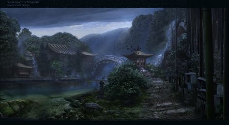 Village Concept Art, Village Japan, Fantasy Japan, Japan Village, Fantasy Village, Village Art, Japanese Village, Feudal Japan, Setting Ideas