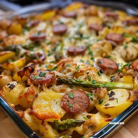 Cheese Potato & Smoked Sausage Casserole Potato Smoked Sausage Casserole, Sausage Casseroles, Bratwurst Dinner, Sausage And Potato Casserole, Smoked Sausage And Potato Recipe, Smoked Sausage Casserole, Ineskohl Kitchen, Potato Casseroles, Easy Tasty Recipes