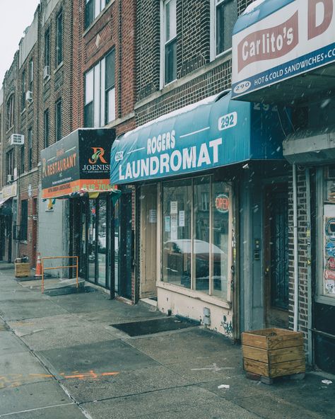 Rogers Laundromat sign on a snowy winter day in Crown Heights, Brooklyn, New York Laundromat Sign, Cold Sandwiches, Rail Transport, Crown Heights, Hotel Motel, Snowy Winter, Posters Framed, City Car, Brooklyn New York