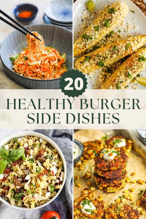 Looking for Healthy Burger Sides? Look no further! Below we list all of our favorite healthy Burger side dishes, including scrumptious vegetables, healthy french fries, and zesty salads. Sides For Burgers Fall, Chicken Burger Sides, Turkey Burger Sides, Hamburger Sides Ideas, Healthy Side Dishes For Bbq, What To Serve With Hamburgers, What To Serve With Burgers, Side Dishes For Burgers, Healthy Sides For Burgers