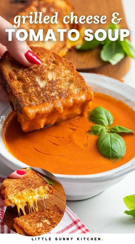 This Easy Homemade Grilled Cheese and Tomato Soup Recipe elevates a comfort food favorite to gourmet status in just 30 minutes from start to finish. Easy Grilled Cheese And Tomato Soup, Tomato Bisque And Grilled Cheese, Gourmet Tomato Soup And Grilled Cheese, Best Grilled Cheese For Tomato Soup, Tomato Soup For Grilled Cheese, Grilled Cheese For Tomato Soup, Homemade Tomato Soup And Grilled Cheese, Grilled Cheese Sandwich Tomato Soup, Homemade Grilled Cheese And Tomato Soup