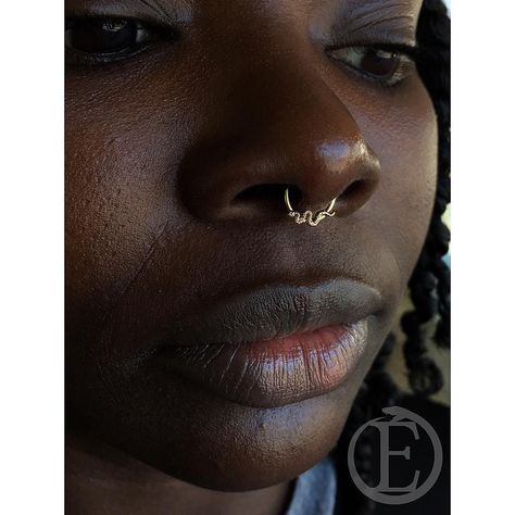 Stephanie Devotchka 👽 on Instagram: “Brand new septum piercing for this awesome lady, with impeccable taste! She chose a 14k Yellow Gold Snake Seamless Ring from @bodygems, to…” Unique Septum, Walk Ins Welcome, Men's Piercings, Industrial Piercing Jewelry, Septum Piercing Jewelry, Double Cartilage Piercing, Daith Piercing Jewelry, Helix Piercing Jewelry, Septum Piercings