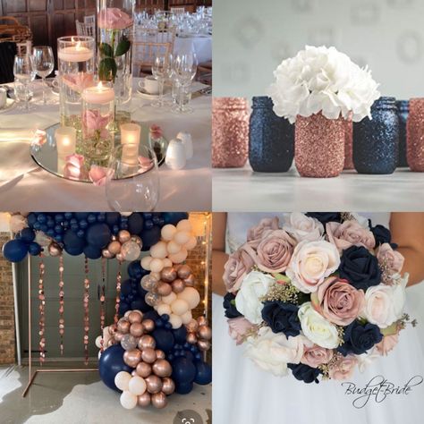 Navy Mauve And Gold Wedding, Rose Gold And Navy Blue Wedding Centerpieces, Navy And Mauve Wedding Decorations, Navy Blue Rose Gold Cream Wedding, Navy Blue And Blush Bridal Shower Ideas, Blue And Pink Wedding Centrepiece, Navy Blue And Pink Wedding Centerpieces, Navy Blue And Blush Centerpieces, Navy And Rose Gold Wedding Decorations Wedding Table Decor