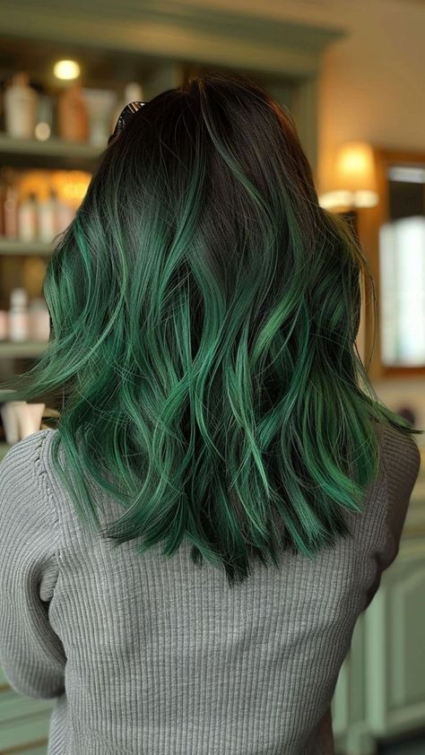 Green Hair Color Ideas For Brunettes, Green Balayage On Black Hair, Green Color Hair Ideas, Hair Color Ideas For Brunettes For Summer Balayage Highlights Blonde, Green Hair Brown Roots, Green Hair Dark Roots, Colorful Hair Ideas For Brunettes, Emerald Green Hair Balayage, Colourful Balayage