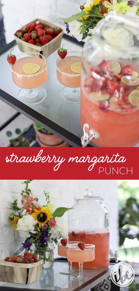 Margarita Punch For A Crowd, Strawberry Margarita Punch, Pitcher Margarita Recipe, Tequila Punch, Margarita Punch, Strawberry Margarita Recipe, Yummy Summer Cocktails, Flavored Margaritas, Strawberry Margarita