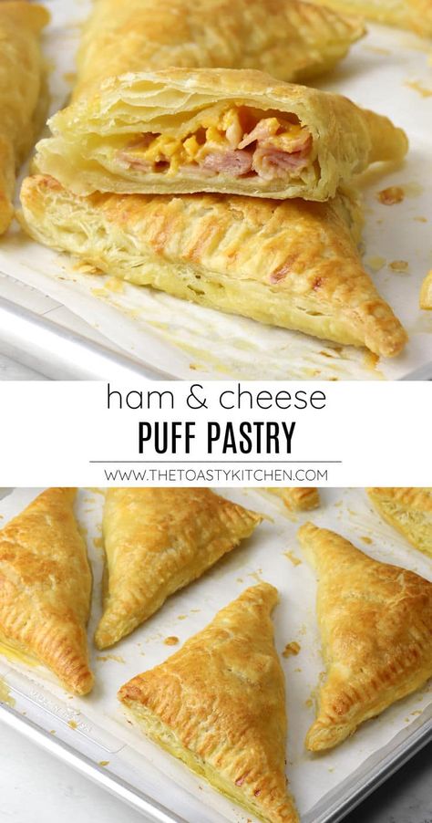 Ham and cheese puff pastry recipe by The Toasty Kitchen. Ham and cheese puff pastry makes a quick and easy homemade lunch, dinner, or snack. Puff pastry turnovers are filled with ham, cheese, and mustard - with a hint of garlic in the crust.  #hamandcheese #puffpastry #puffpastryturnover #leftoverham #thanksgiving #recipe Puff Pastry Turnovers, Ham And Cheese Puff Pastry, Pastry Turnovers, Ham Cheese Puff Pastry, Puff Pastry Recipes Dinner, Puff Pastry Recipes Savory, Puff Pastry Recipes Dessert, Puff Pastry Cream Puffs, Pastries Recipes Dessert