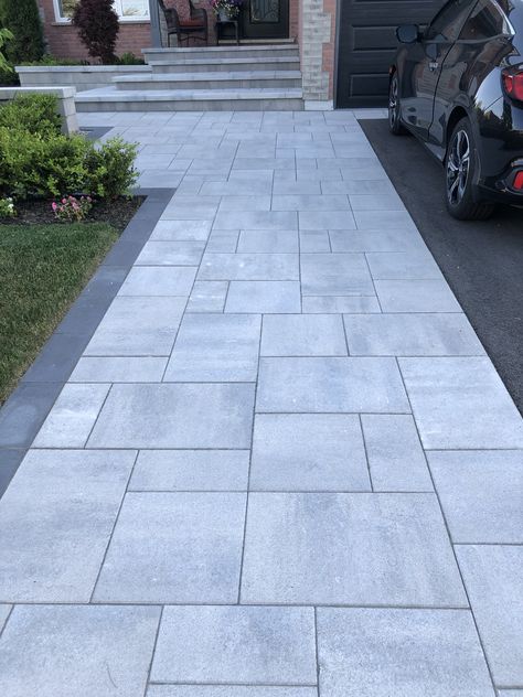 Exterior Front Yard Landscaping Ideas, Front Yard Interlock Ideas, Driveway Ideas Pavers, Modern Interlocking Design, Big Rocks Landscaping, Driveway Interlock Ideas, Front House Paving Ideas, Simple Driveway Ideas, Driveway To Patio Transition