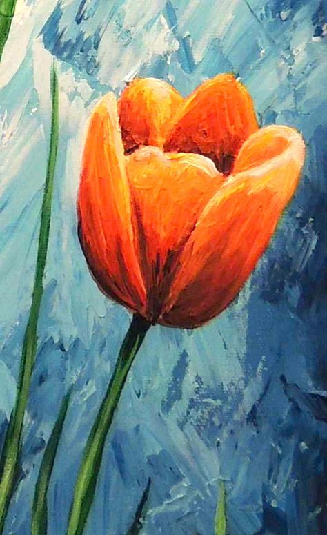 Orange Tulips Painting, Tulip Coloring Pages, How To Paint Tulips Acrylics, Tulip Art Painting, Acrylic Painting Tulips, Tulips Painting Acrylic, Tulip Acrylic Painting, Blue And Orange Painting, Orange Flowers Painting