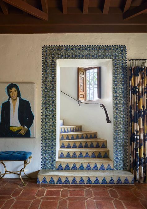 Tour the Montecito Home of One Creative Couple | Architectural Digest Spanish Inspired Home, Mediterranean Interior, Vintage Dining Room, Hand Painted Tiles, Deco Boheme, Spanish House, Painted Ceiling, Coffered Ceiling, Painting Tile